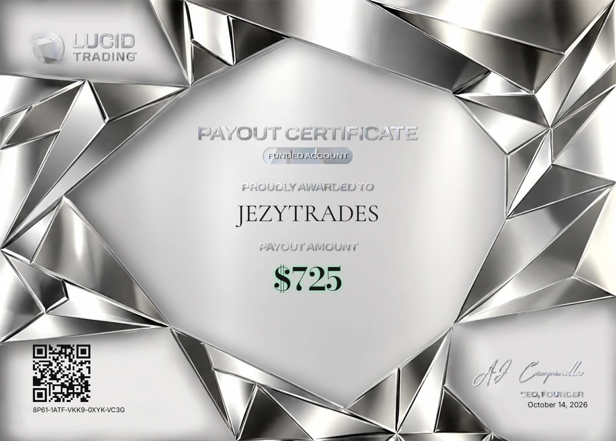 Lucid Trading payout certificate, $725, October 14 2026